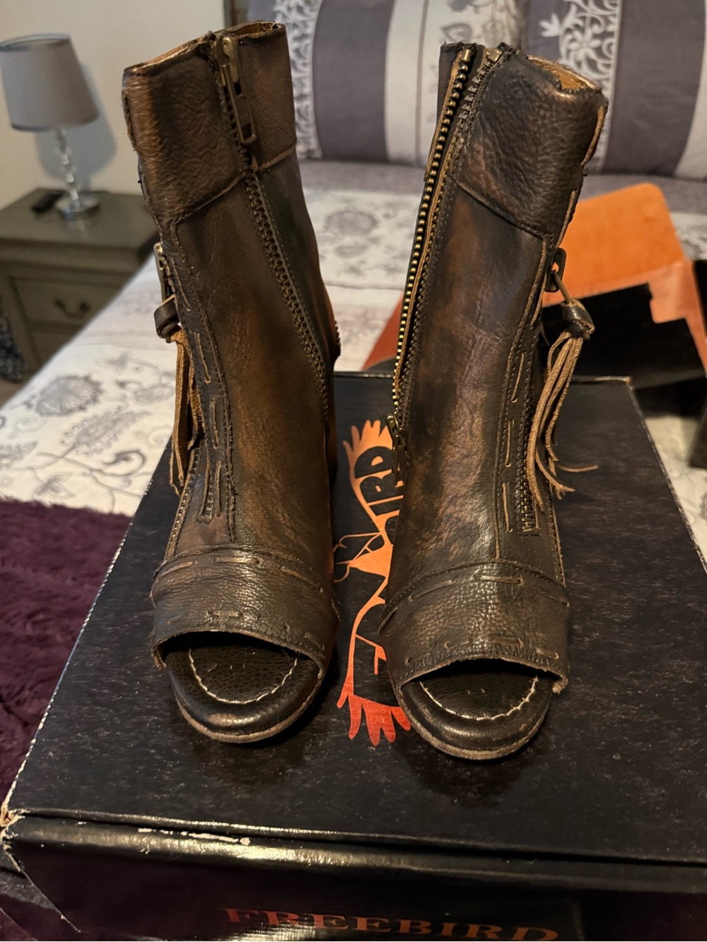Brand New Freebird by Steven Brown Open-Toe Leather Ankle Boots with Tassel Zip